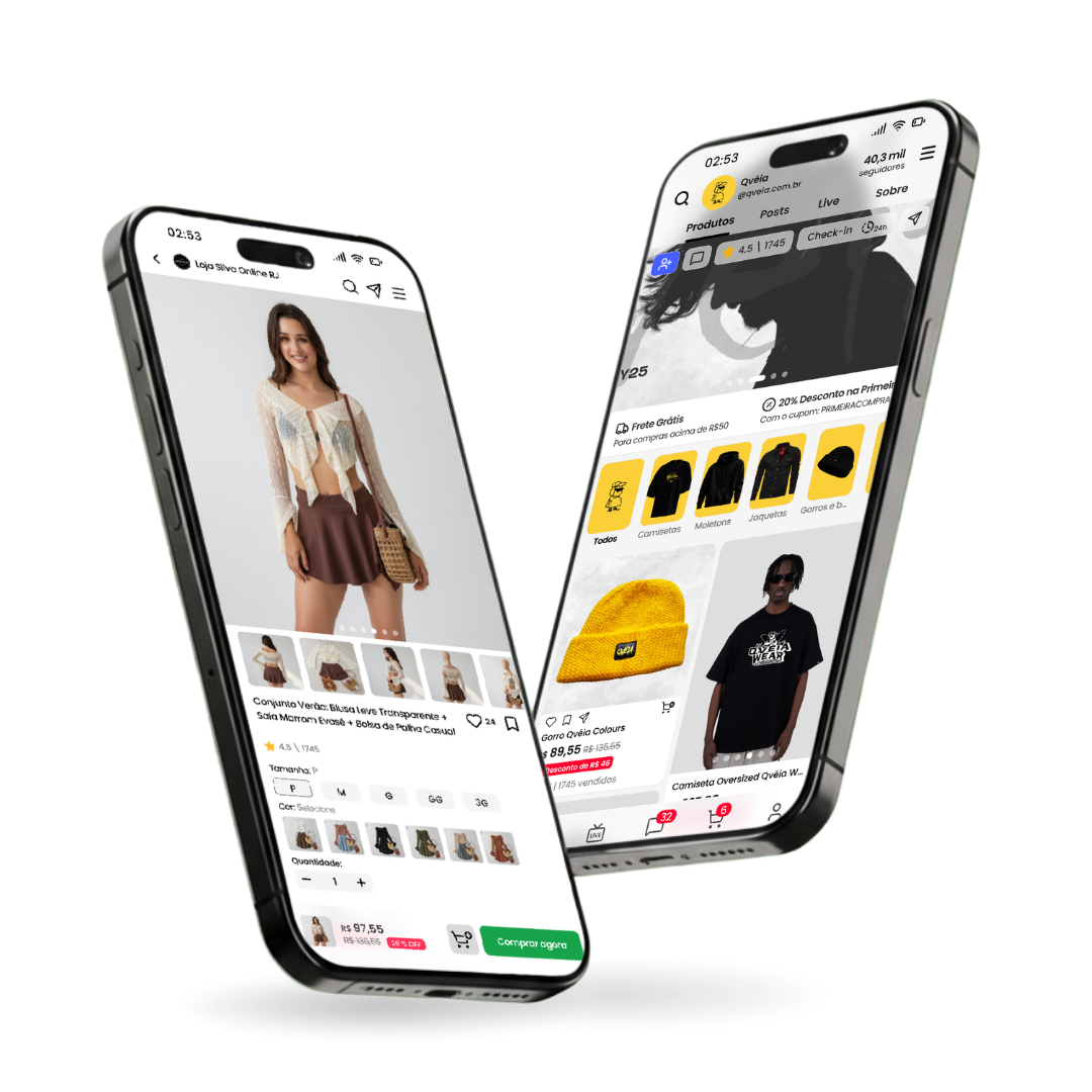 Loja Sellit pronta em dois celulares: página de produto e feed
